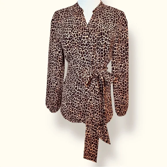 J. CREW Sara Drapey Wrap Brown & Black Leopard Print Blouse w Tie Bow - Picture 2 of 11